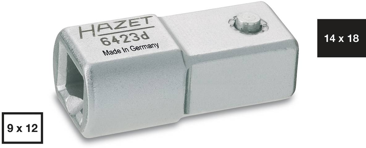 A HAZET adapter with the inscription 'Made in Germany', connecting 9x12 to 14x18 mm, metallic silver, rectangular shape.
