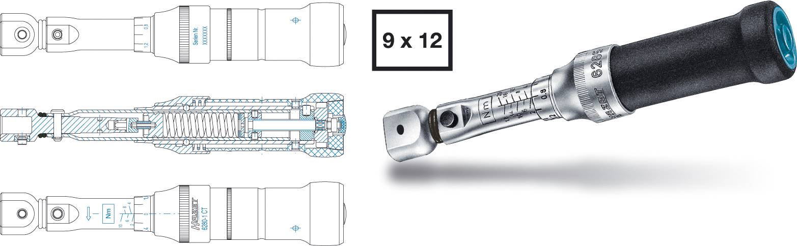 Gedore torque wrench with 9x12 adapter and detailed internal structural view showing mechanism and construction.