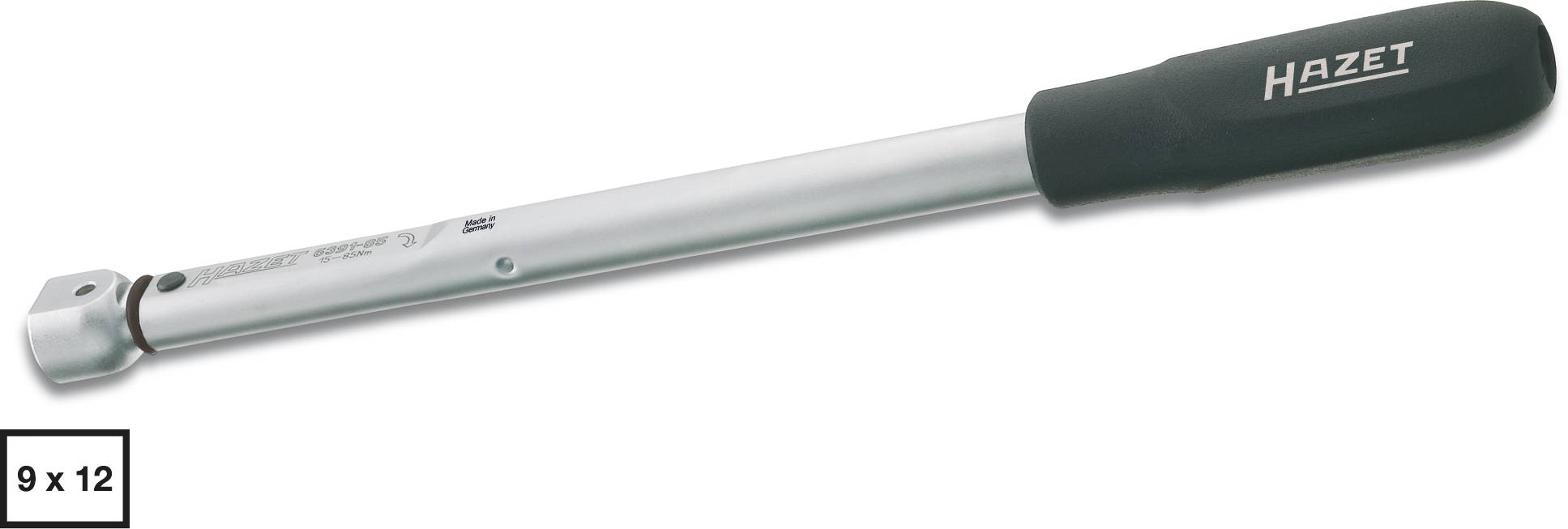 Torque wrench with a black handle, silver shaft and the inscription 'Hazet'. Underneath, the specification '9 x 12'.