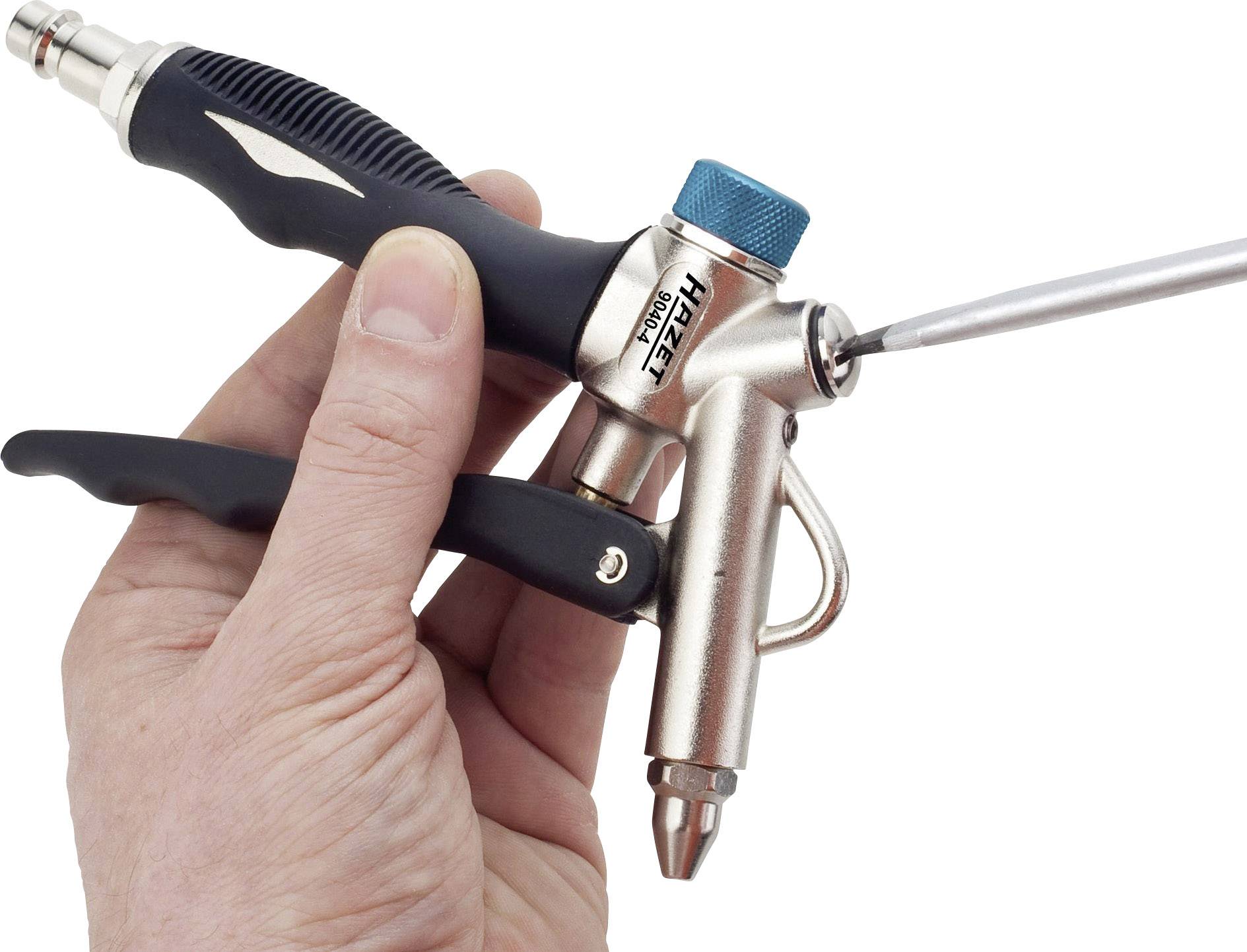 A hand is holding an air-powered pistol with a black grip. The pistol has a metallic appearance and a blue rotary knob.