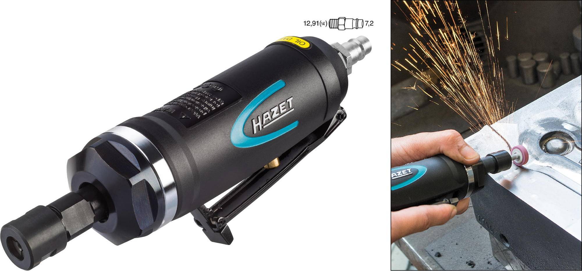 Air pressure grinding machine, brand HAZET, is used to polish metal surfaces. Sparks spray during operation.Translation to British English:Pneumatic grinding machine, HAZET brand, is utilised for polishing metal surfaces. Sparks fly during the work.