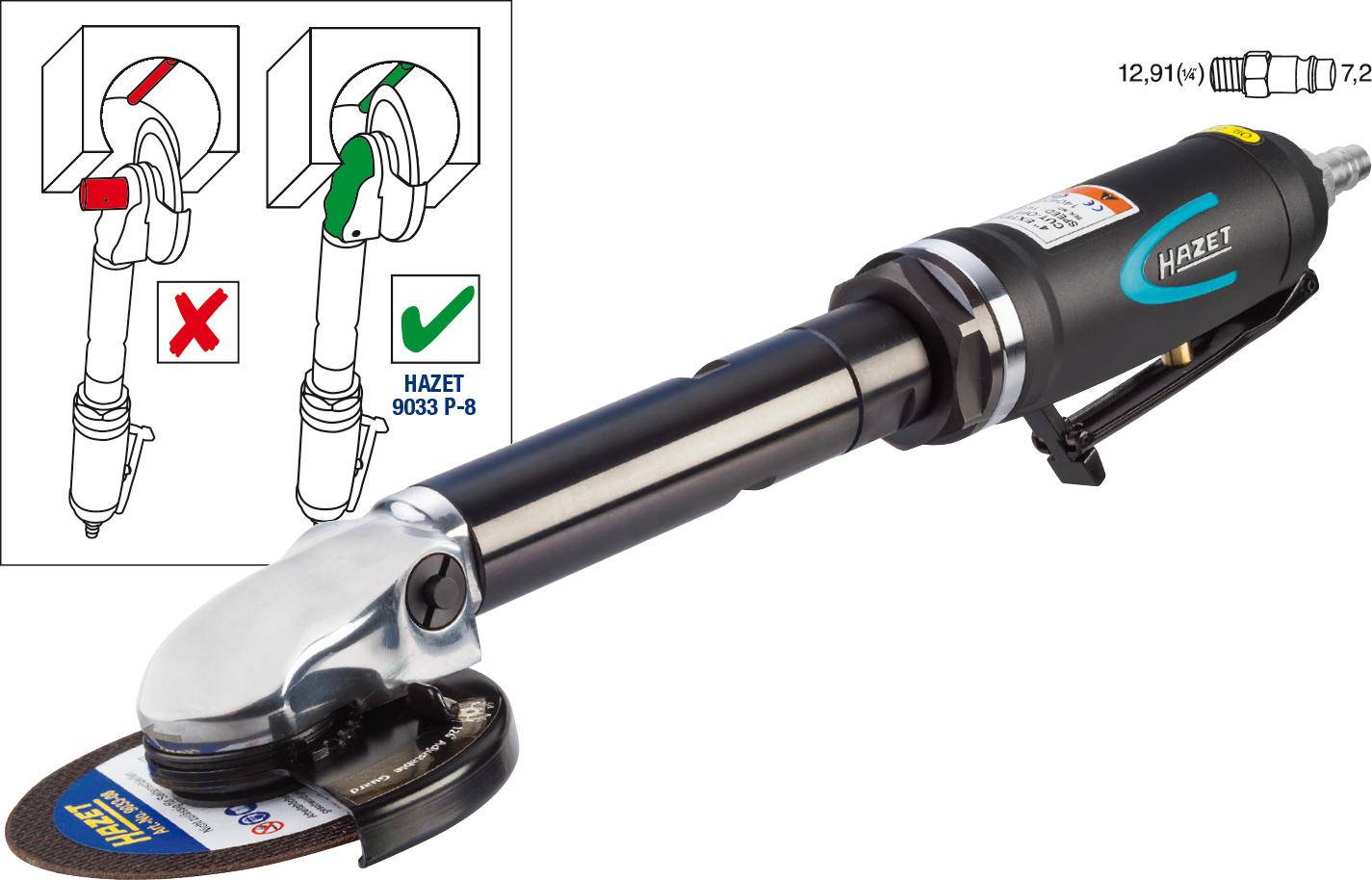 Compressed air angle grinders from HAZET with guidance on correct usage in the background. A tick mark indicates the correct usage.