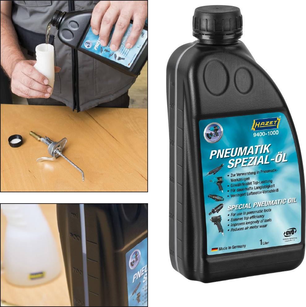 'Man pouring oil into container', next to 'Hazet Pneumatic Special Oil' bottle. Text emphasises lubrication and maintenance of pneumatic tools.