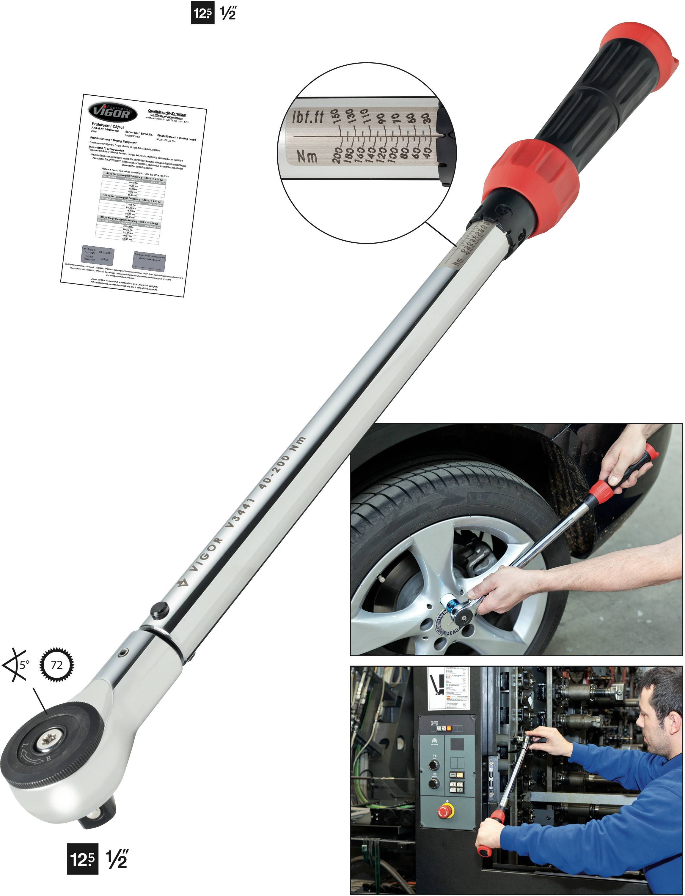 Torque wrench with scale for ft/lb, Nm and a marker. Person tightening wheel bolt. Instruction manual in top left.