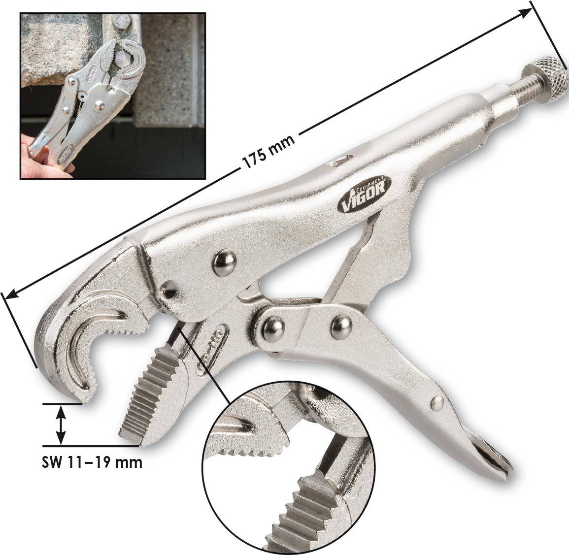 Locking pliers with adjustable span from 11-19 mm. Total length 175 mm. Detail view shows serrated gripping surface.