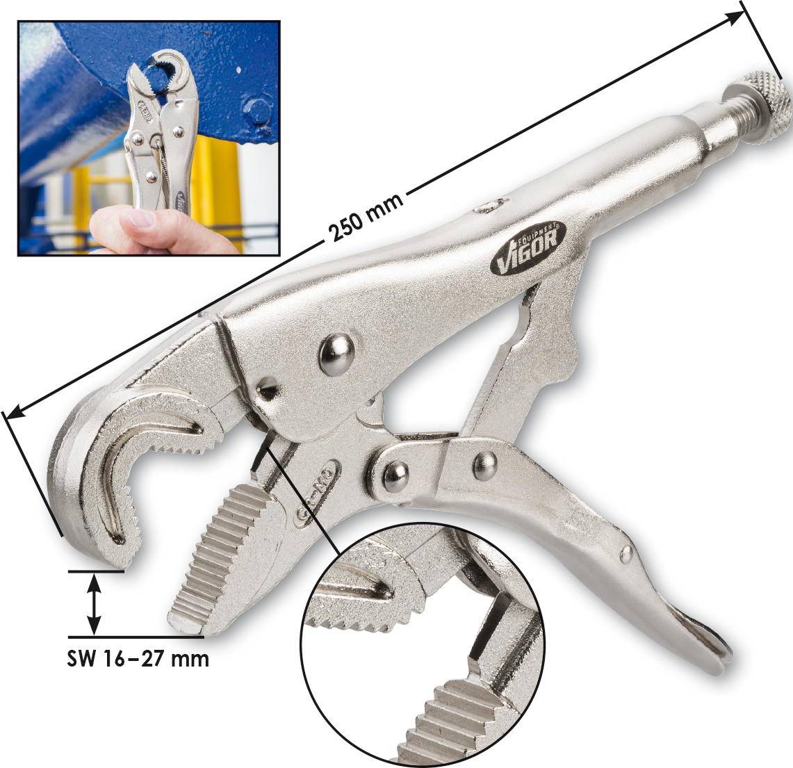 The image shows an adjustable locking pliers, 250 mm long, suitable for bolts with a hex size of 16–27 mm, used on a blue rod.