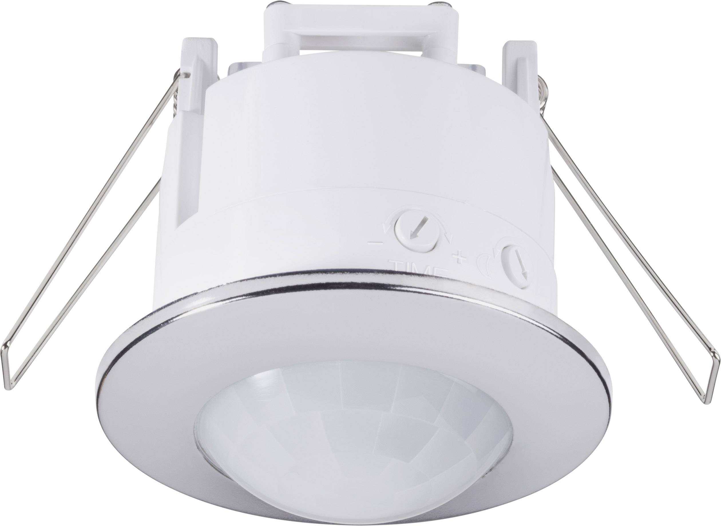 A white ceiling motion sensor with a round front for indoor use. Wire brackets on the sides are used for mounting.
