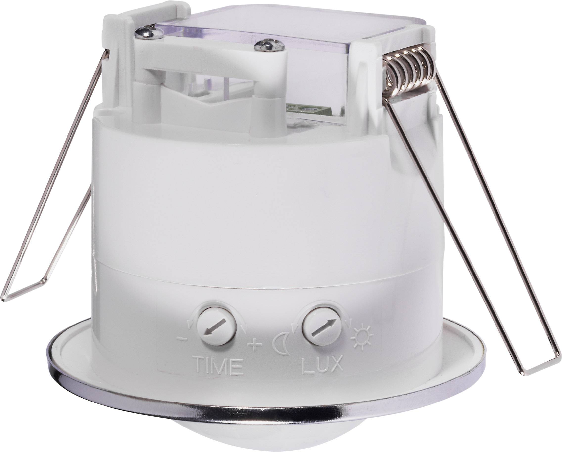 A white, round motion sensor with two adjustment knobs for time ('TIME') and brightness ('LUX'), with metal brackets on both sides.