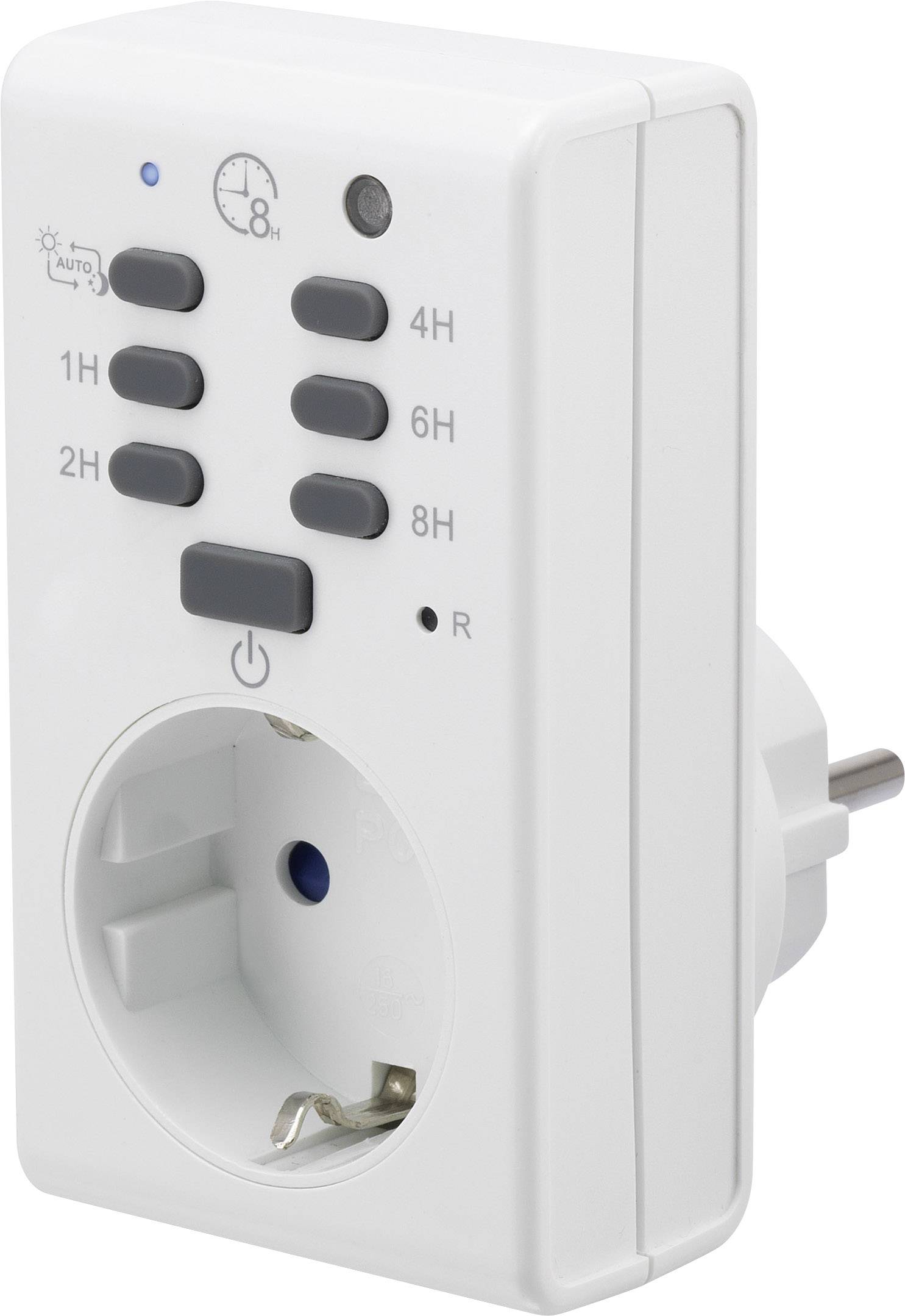 Electronic timer plug with socket, showing buttons for 1 to 8 hour timer settings and symbols for manual/automatic control.