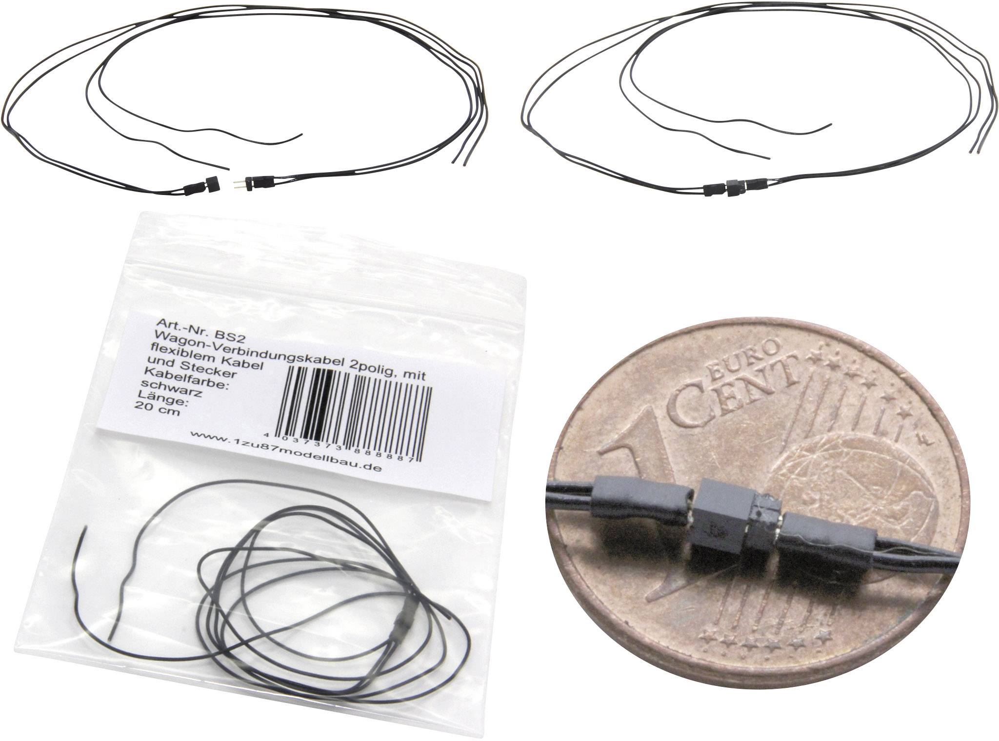 Thin black cables with plugs positioned next to a euro cent coin to illustrate cable length. Packaging with item number and website.