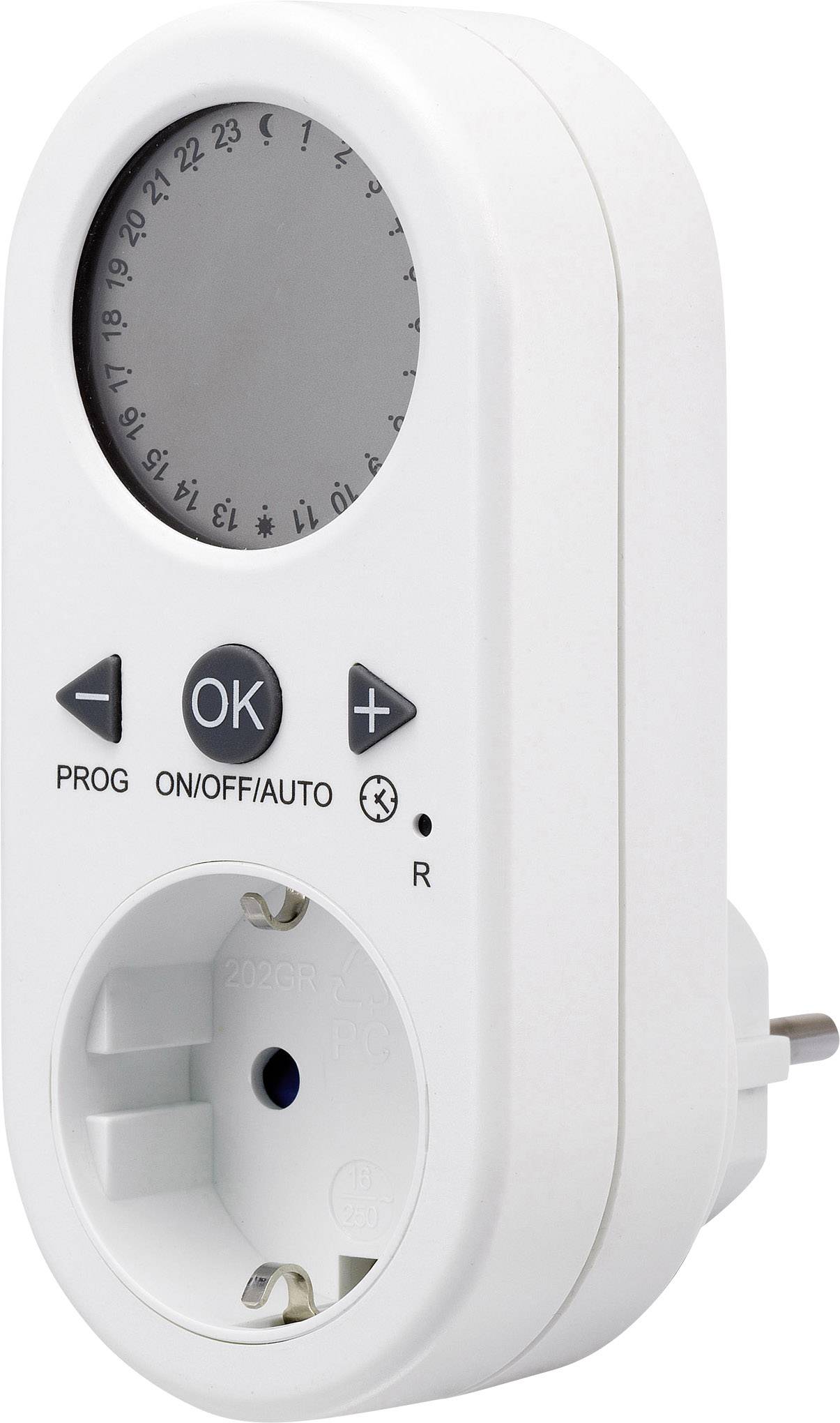 Time switch with an analogue display and buttons for 'OK', '+' and 'ON/OFF/AUTO'. Socket connection at the bottom. Ideal for automatically switching devices on and off.