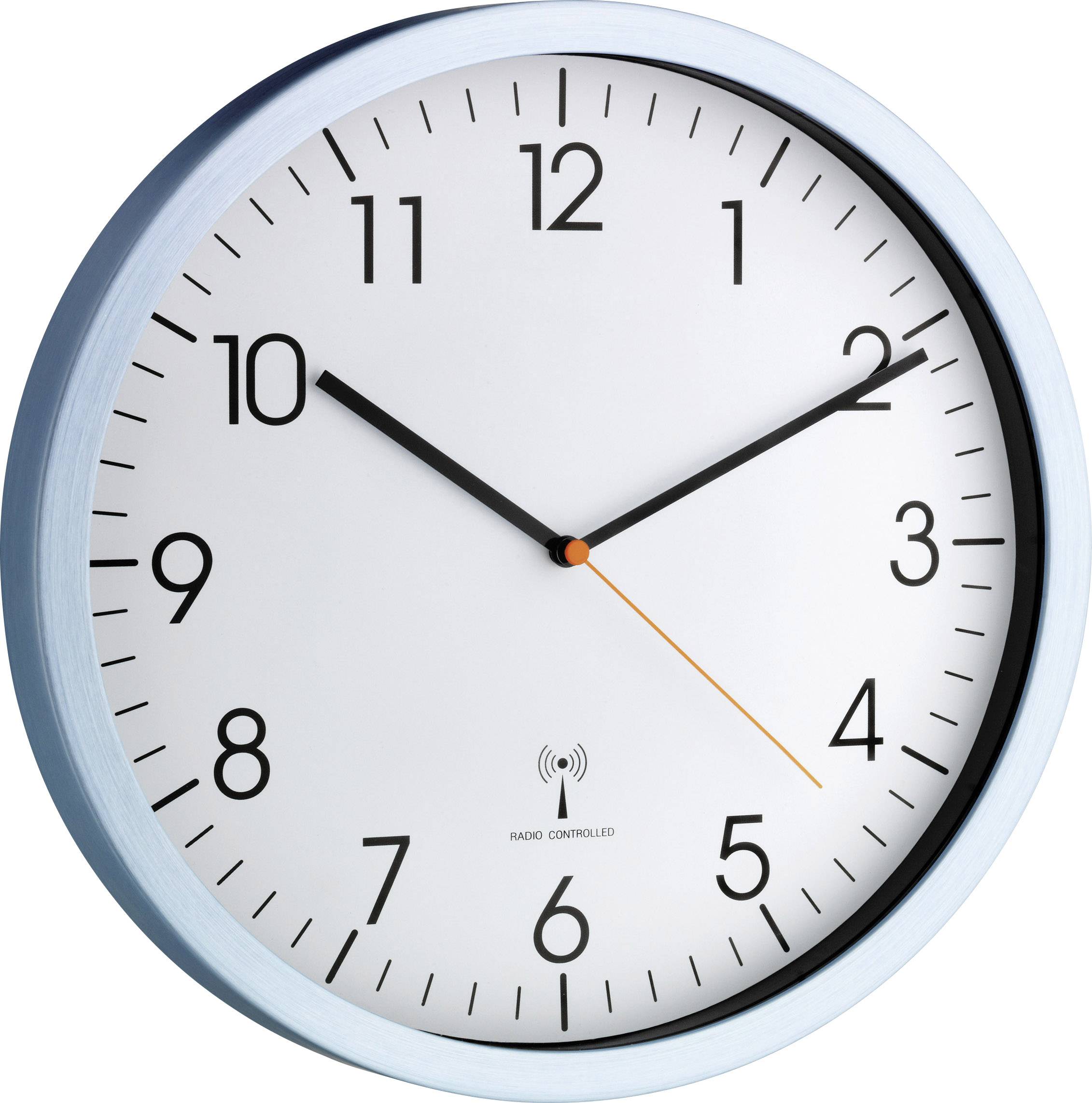 A round wall clock shows the time as 10:10. The clock has a white dial with black numbers and hands, and an orange second hand.