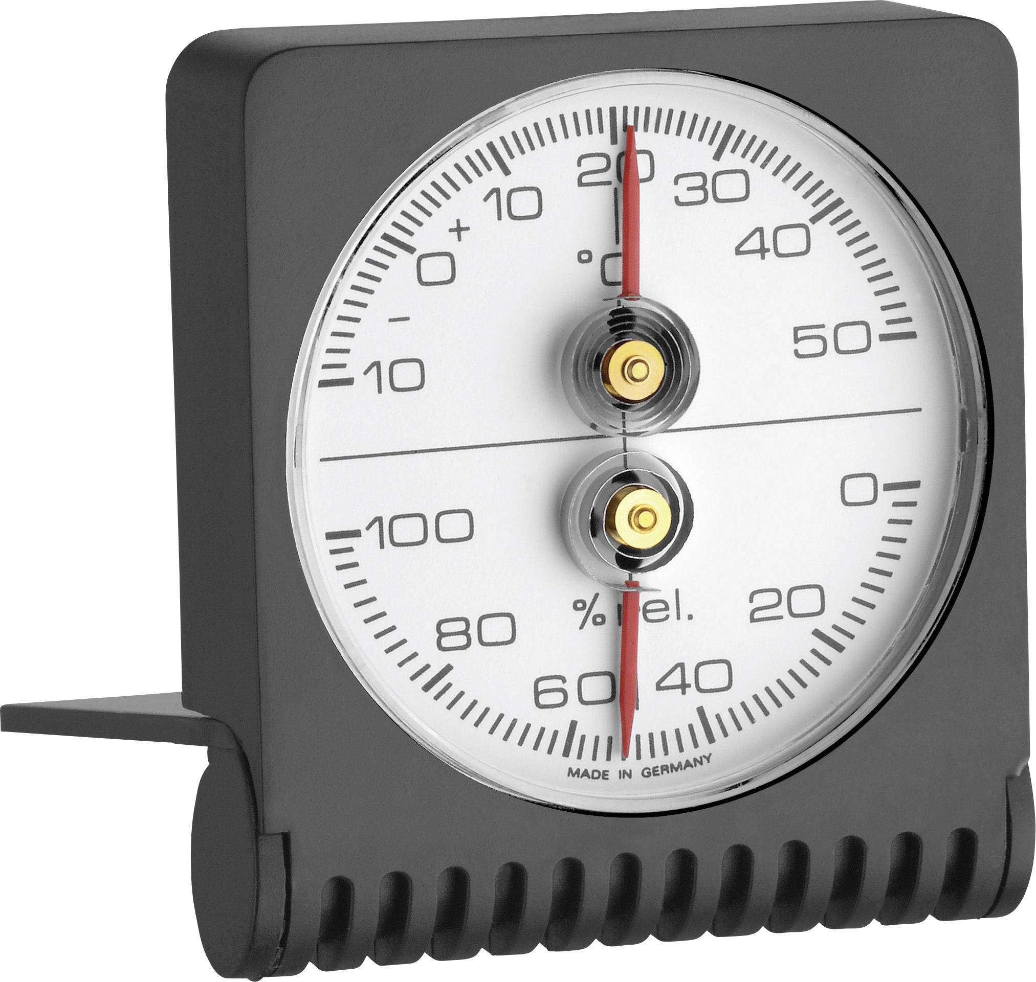 A traditional analogue hygrometer with a circular scale indicates the percentage of relative humidity. The scale ranges from 0% to 100%.