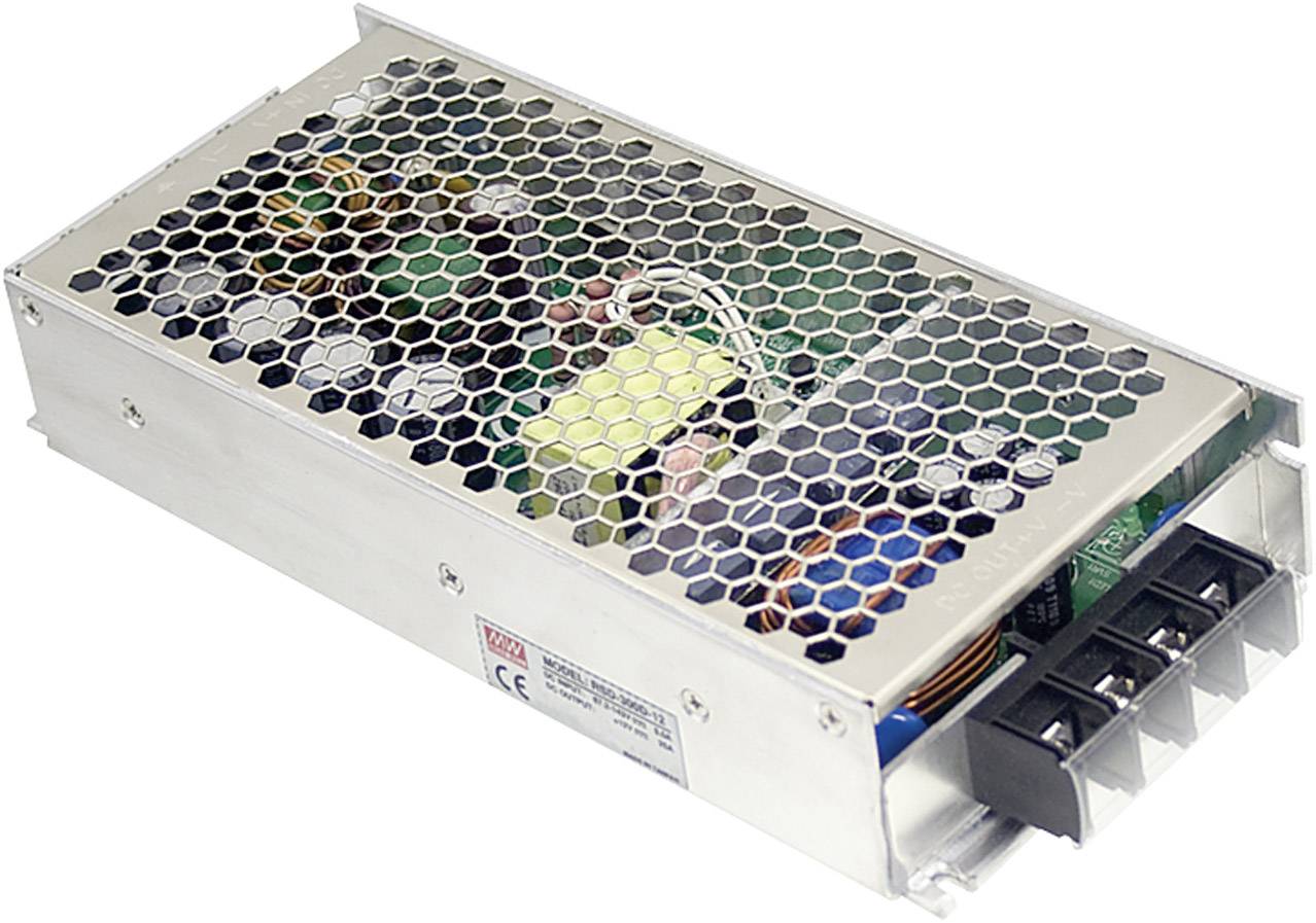 Metal enclosure with honeycomb grid cover reveals internal components of a power supply module. Electrical connections on the right-hand side.