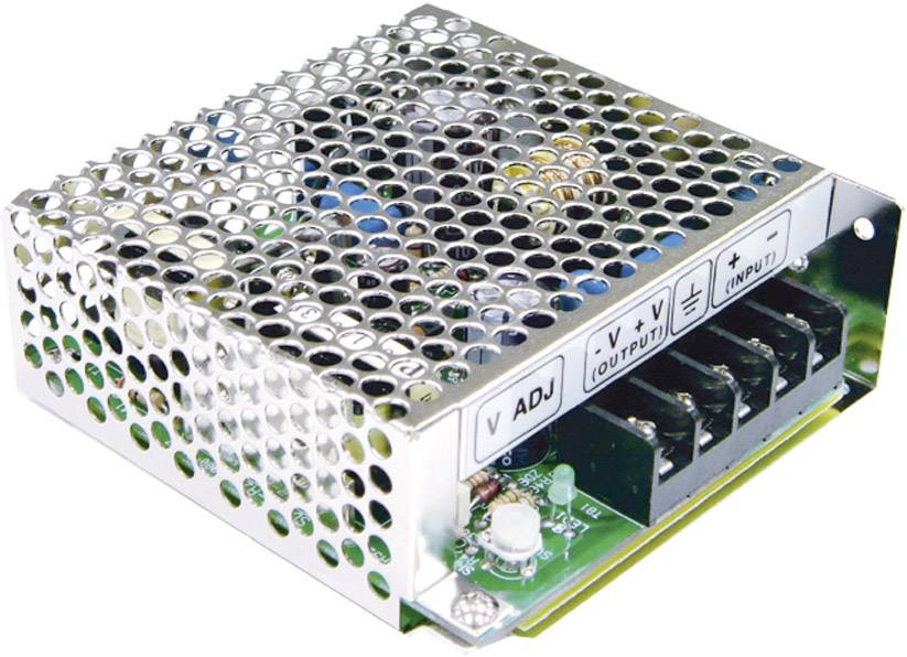 Metallic power supply with ventilation openings and five terminal connections, labelled with 'V ADJ', 'V-', 'V+', and 'INPUT'.