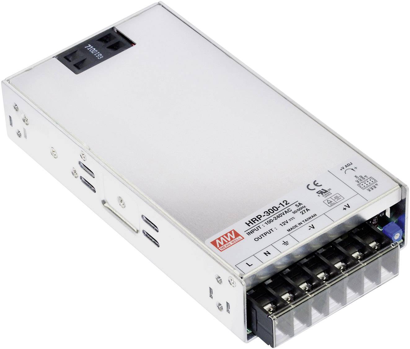 Mean Well HRP-300-12 power supply unit, silver, for 12V, with 300W output power. Rectangular shape with multiple connection terminals.