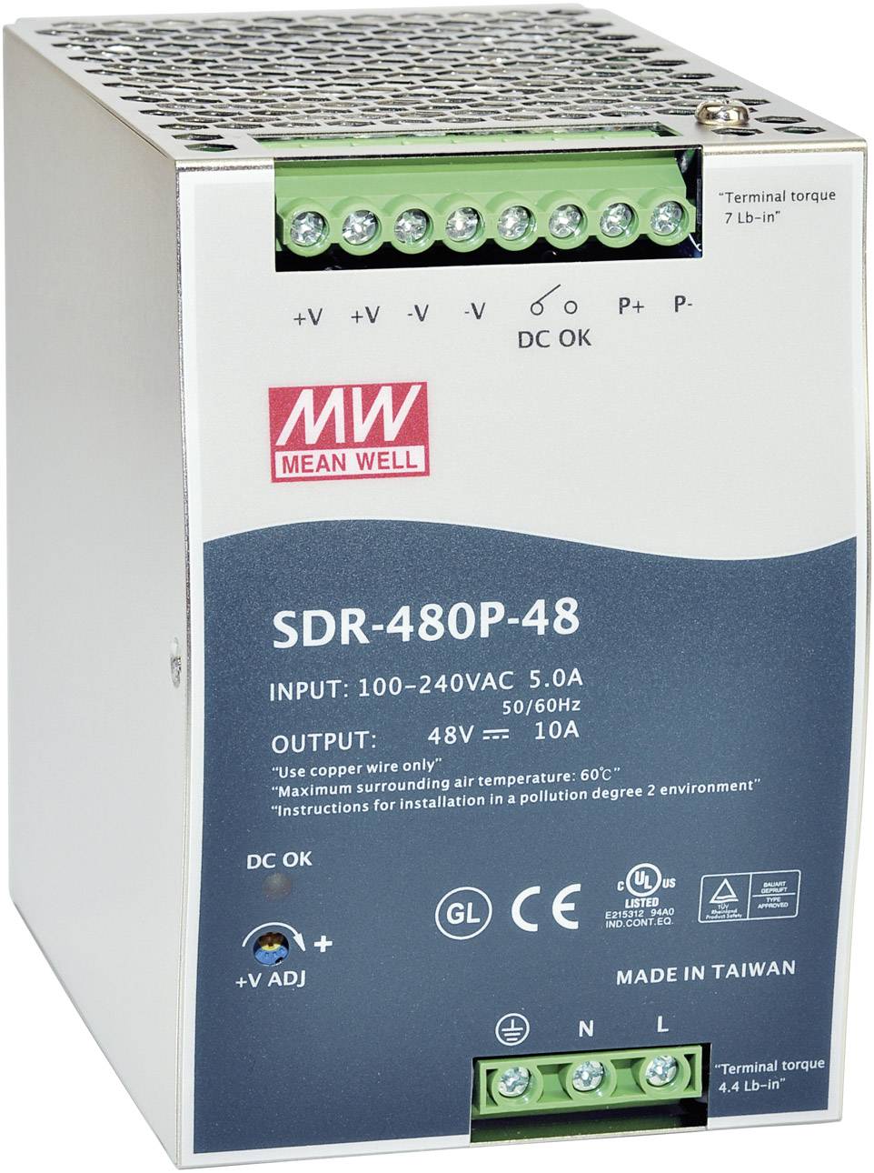 Housing of a power supply 'SDR-480P-48' by Mean Well, 480W, input 100-240VAC, output 48V 10A. Indicators for 'DC OK' and 'V ADJ'. Made in Taiwan.