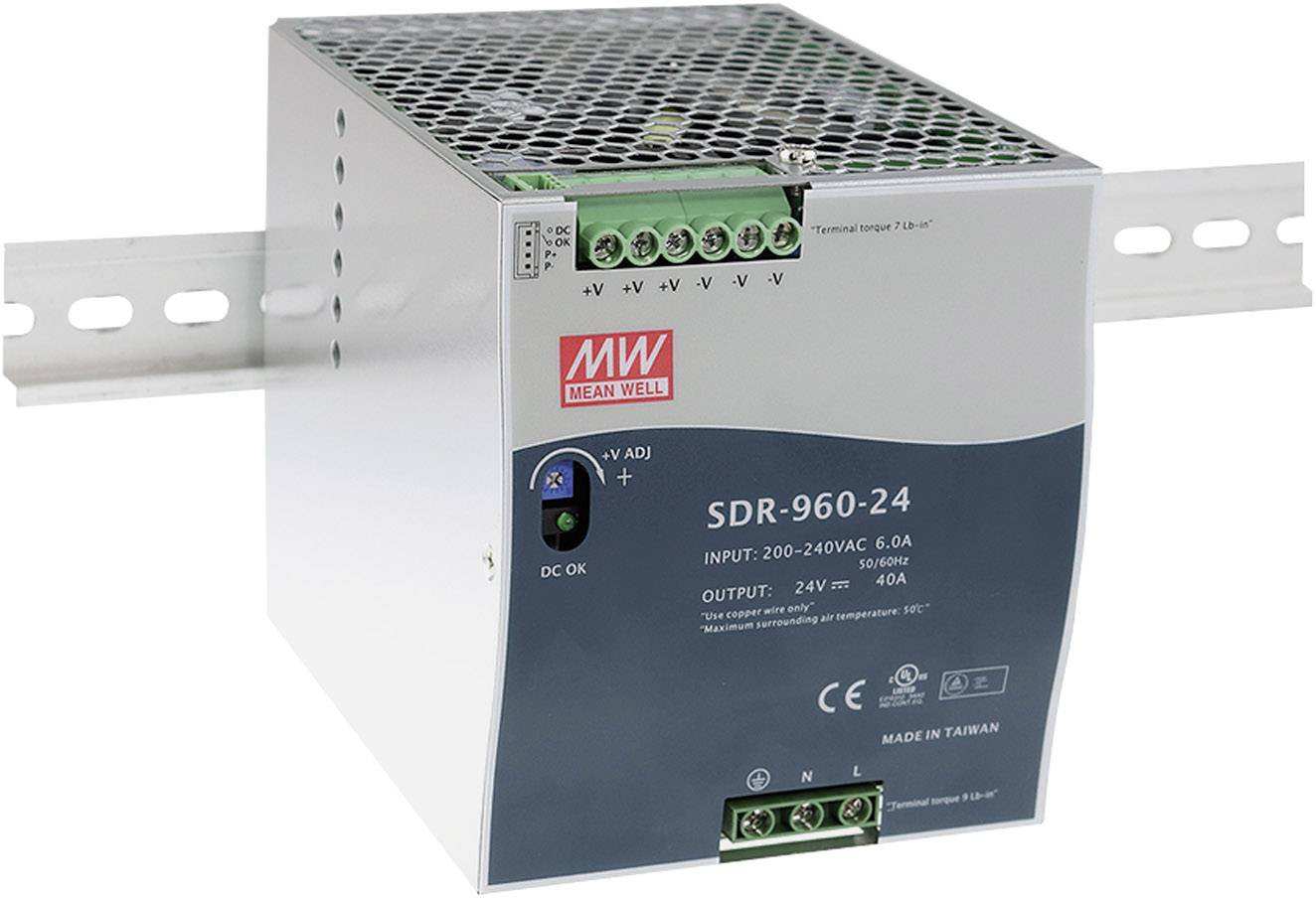 A Mean Well switch-mode power supply, model SDR-960-24, mounted on a DIN rail, input 200-240VAC, output 24V/40A.