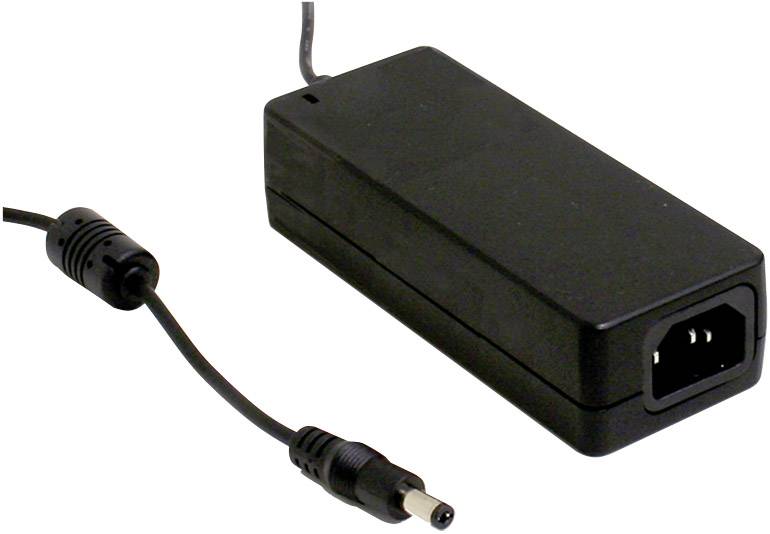 A black power supply with an attached power cable and plug.