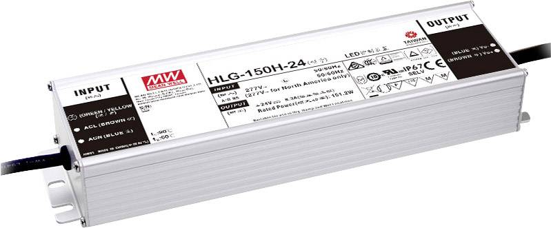 A rectangular LED driver by Mean Well with the model number 'HLG-150H-24' and an input and output connection.