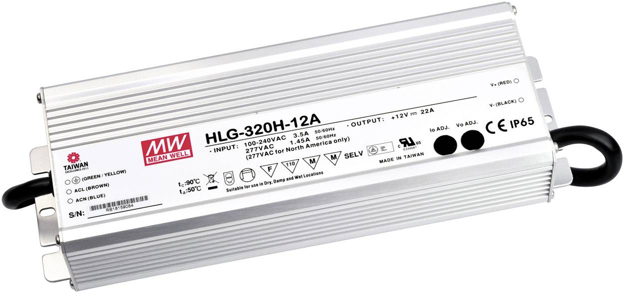 LED Driver, Model HLG-320H-12A, Input 100-240V, 50/60Hz, 4A; Output 12V, 22A. Weatherproof, IP65. Suitable for outdoor lighting.