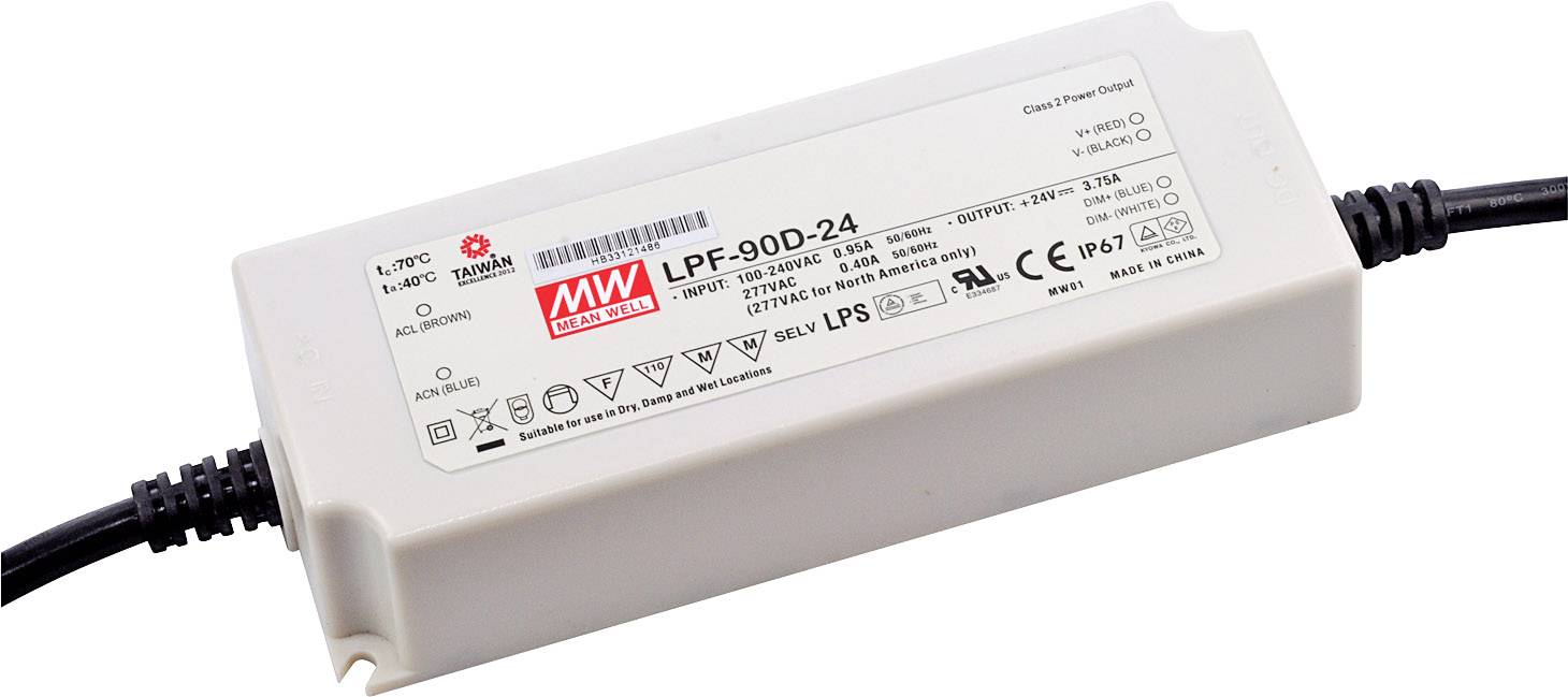 Mean Well LPF-90D-24 LED driver, LED transformer Constant voltage, Constant current 90 W 3.75 A 14.4 - 24 V DC dimmable, PFC