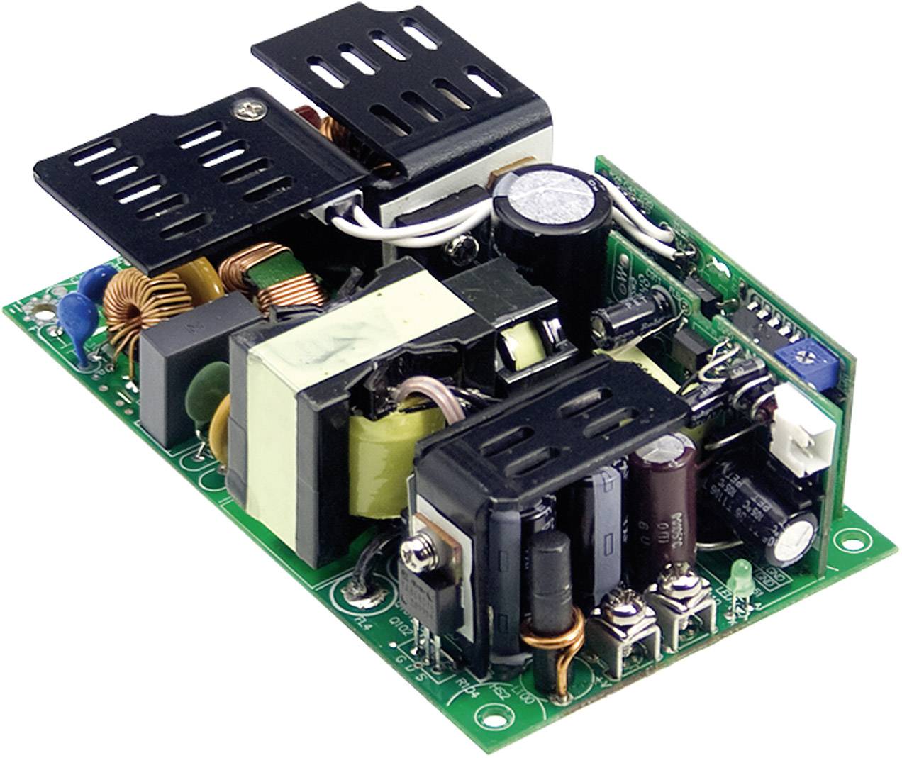 Printed circuit board with electronic components such as capacitors and transformers, on a green background.