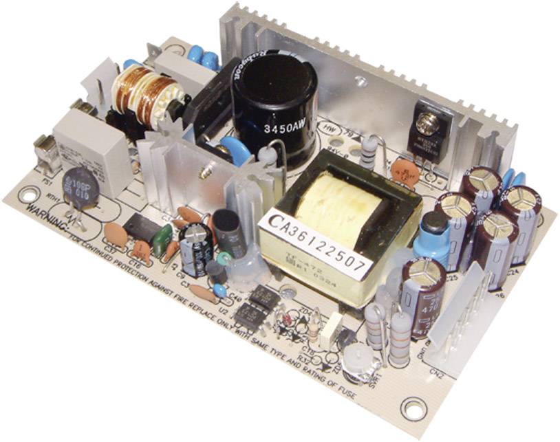 An electronic circuit with capacitors, resistors, and a transformer on a circuit board, possibly for voltage regulation.