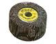 Grinding wheel composed of multiple lamellae formed into a wheel, with a yellow label in the centre. Used for grinding operations.
