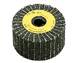 A grey polishing mop with a yellow label in the centre, used for smoothing and polishing surfaces.