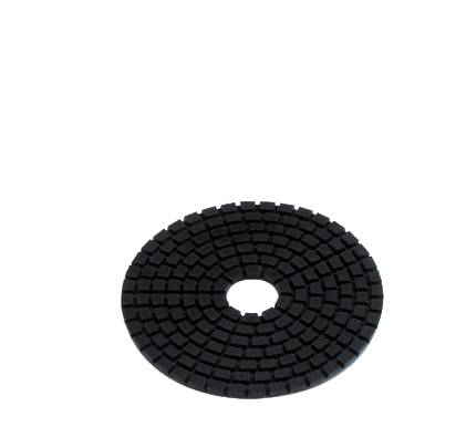 Black polishing disc with a round shape and square patterns on the surface, used for smoothing and polishing materials.