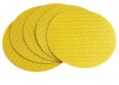 Four yellow, round sanding paper discs with small holes, stacked on top of each other.