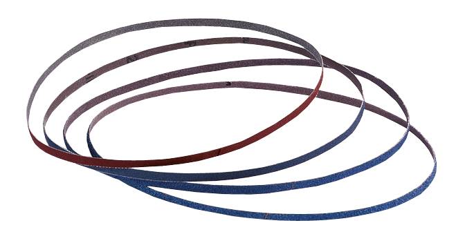 Several sanding belts in different colours and grits are layered on top of each other, used for grinding machines to smooth surfaces.