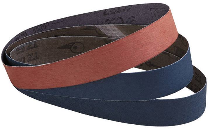A sanding belt with multiple layers in red, blue, and brown, suitable for industrial use on grinding machines.
