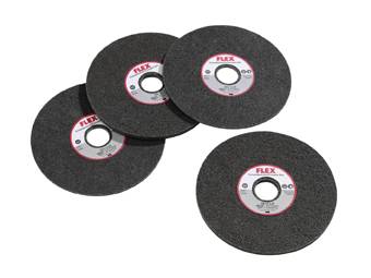 Four black grinding discs with red 'FLEX' lettering on the label, evenly distributed, on a white background.