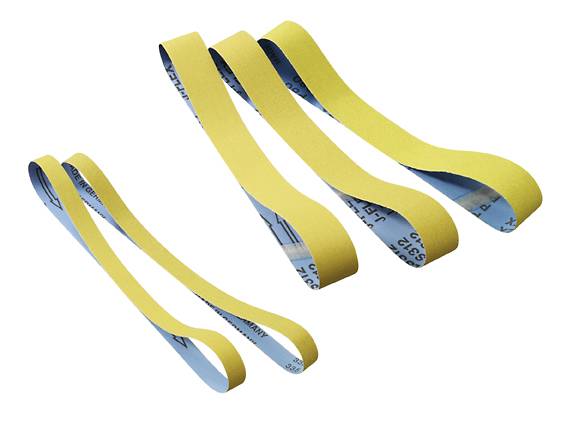 Yellow sanding belts of varying lengths and widths on a white background.