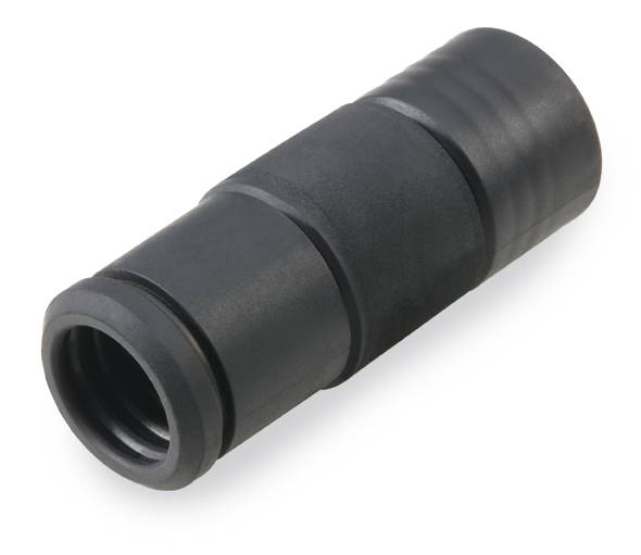 Black cylindrical adapter with ribbed surface, suitable for cable or pipe connections.