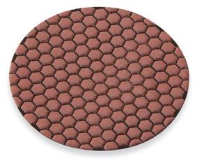 A round sanding pad with a hexagonal pattern in a reddish colour, suitable for surface treatment.