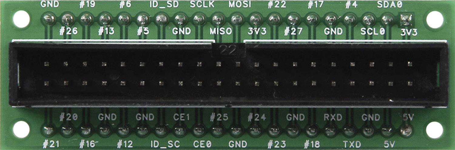 Raspberry Pi GPIO adapter board with pins and labels for various connections such as GND, 3V3, 5V, SCLK, MOSI.