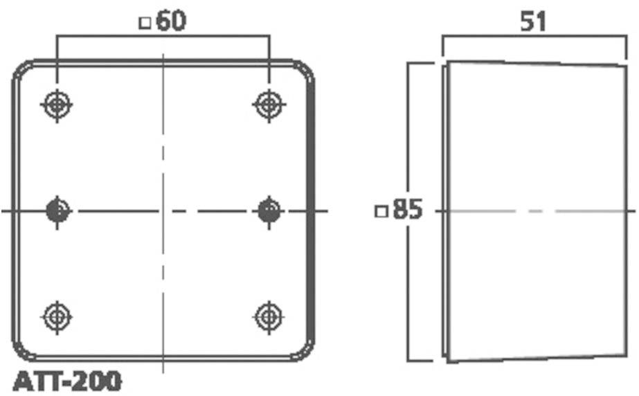 Technical drawing of a square metal plate ATT-200 with four drill holes. Dimensions: 60x85 and 51 mm depth.