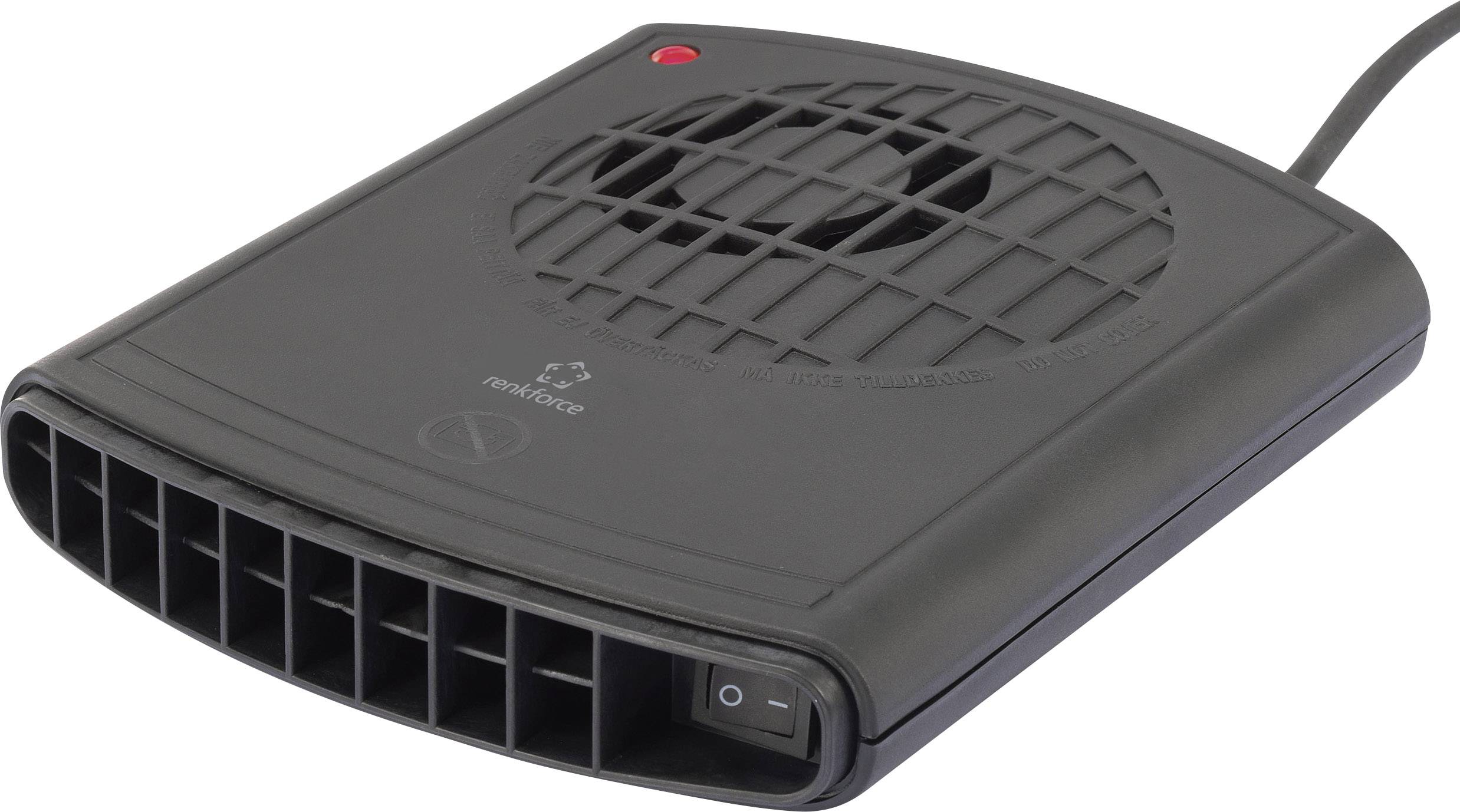 A black electric fan heater with a visible grille and red indicator light. The device has a switch on its side.