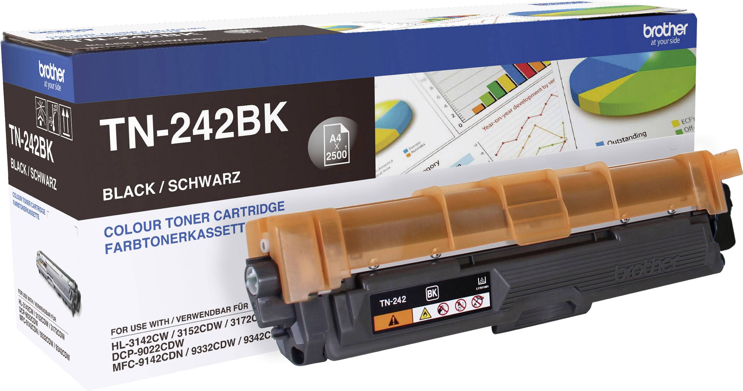 Toner cartridge marked 'Brother TN-242BK', compatible with multiple printer models. Contains black ink.