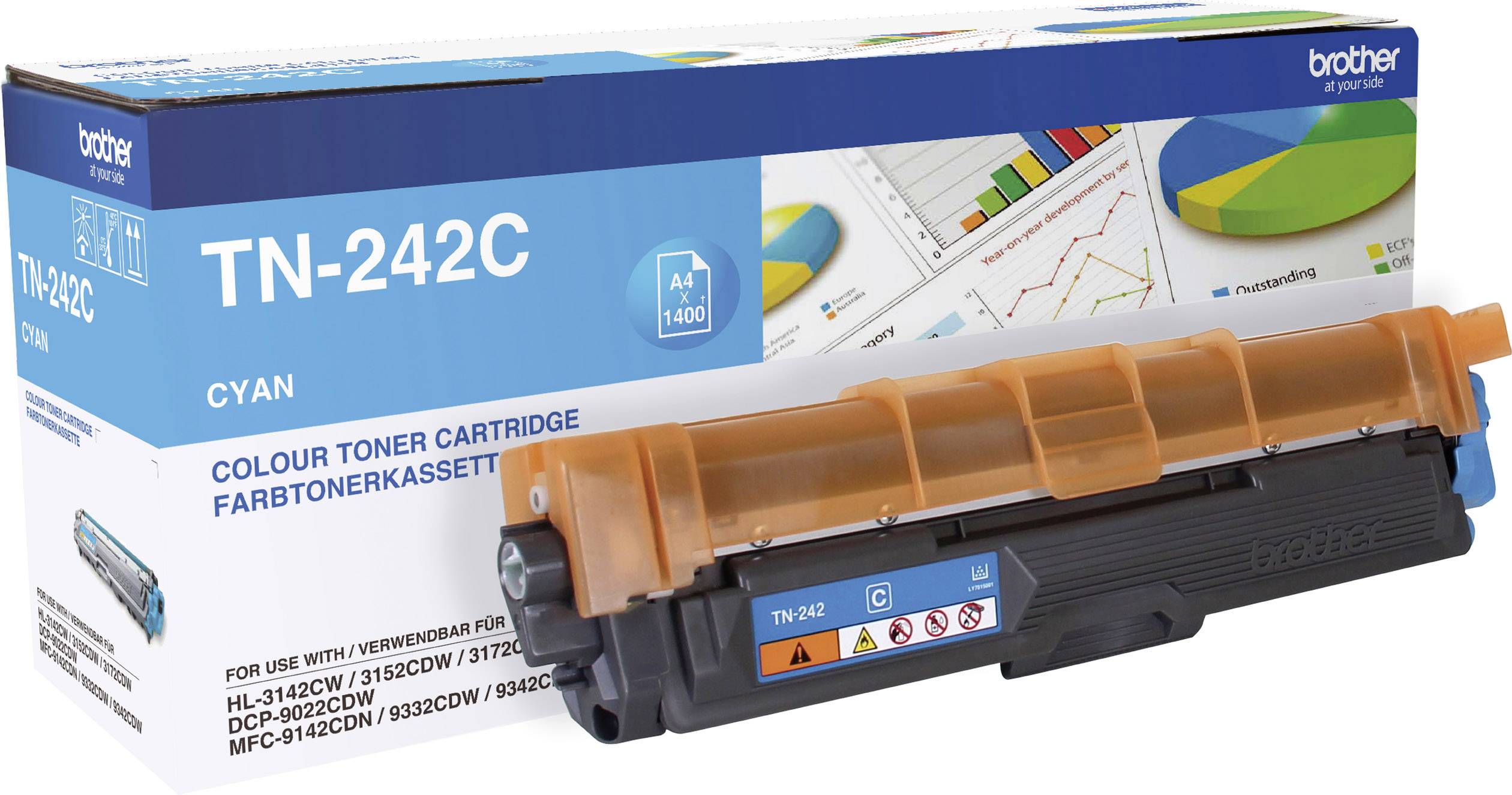 The image shows a Brother TN-242C printer toner cartridge in cyan. Diagrams are depicted on the packaging.