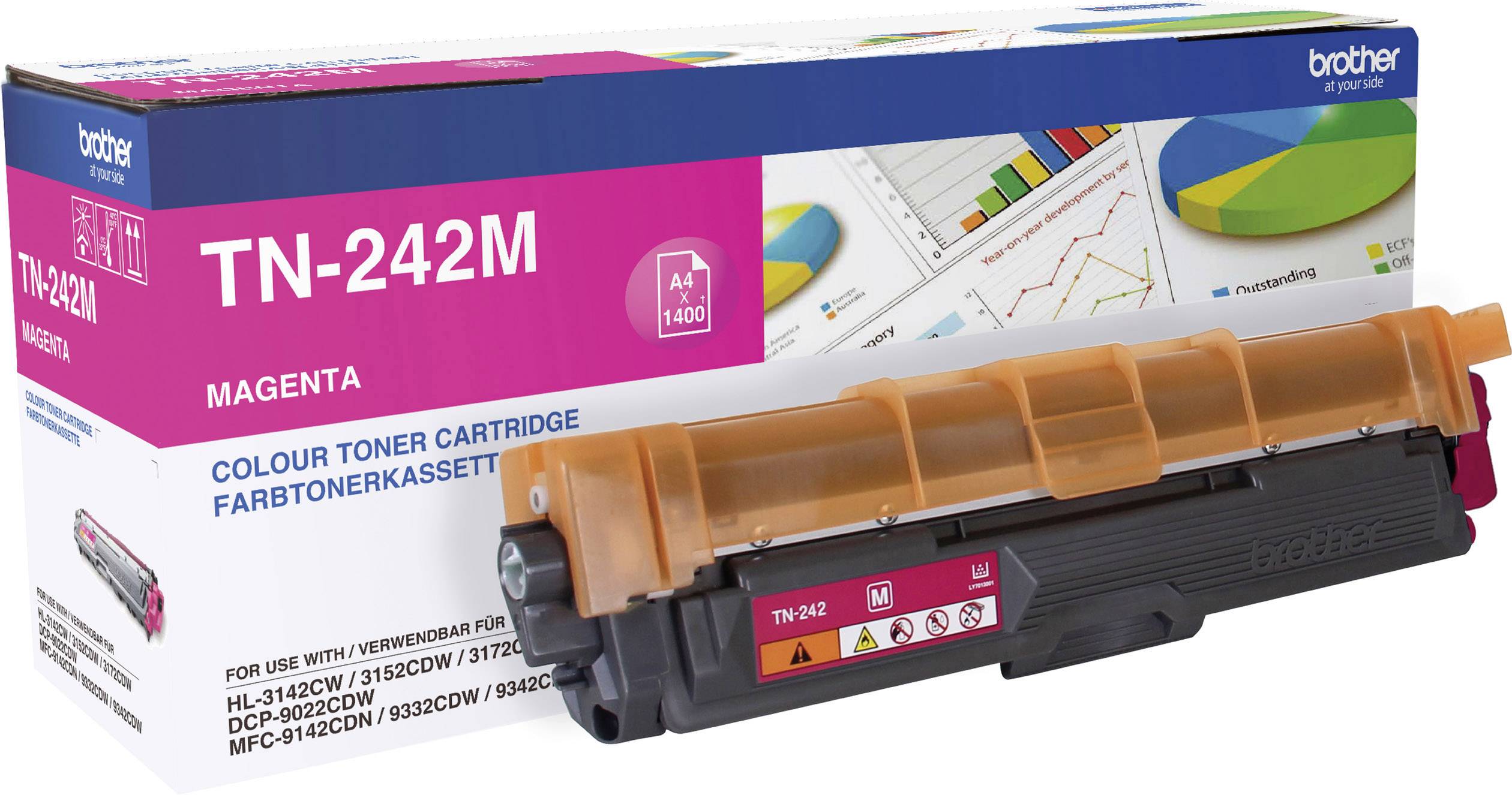 Brother TN-242M toner cartridge in Magenta for colour printers. Packaging with graphics of statistics in the background.