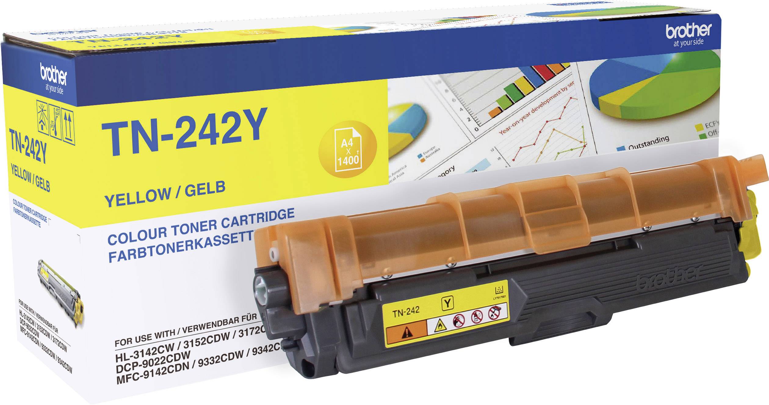 Yellow Brother Toner Cartridge TN-242Y in front of its packaging. Packaging shows diagram and is labelled 'Colour Toner Cartridge'.