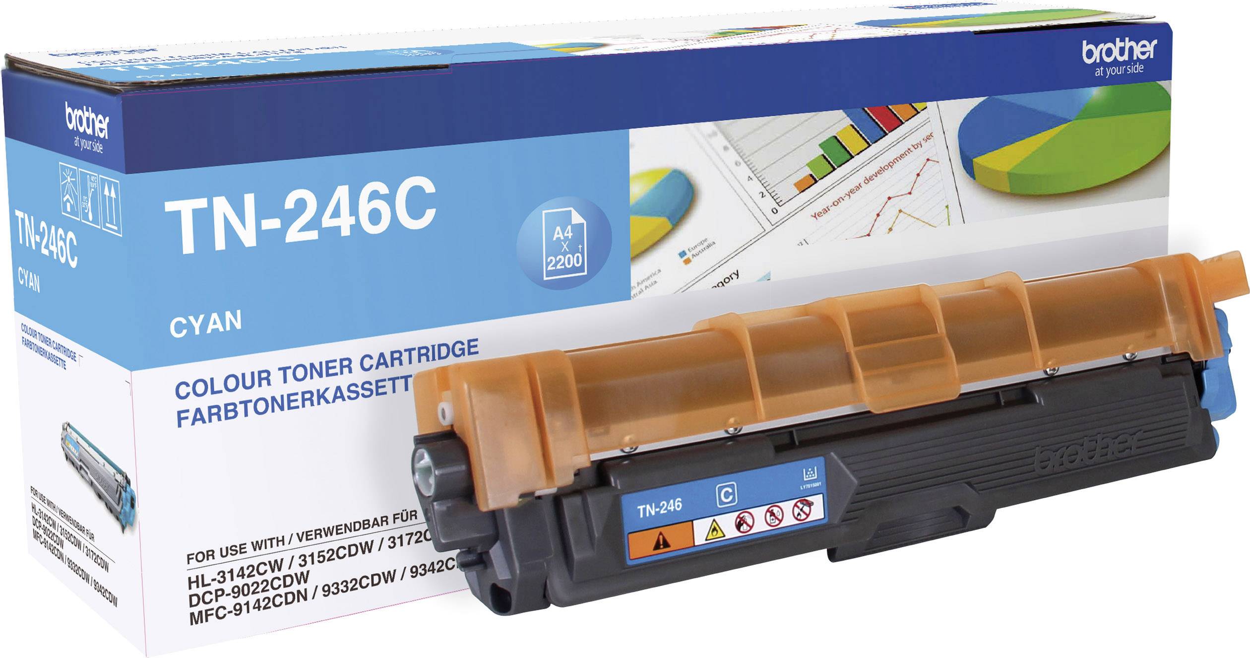 Printer cartridge TN-246C for Brother colour laser printers in Cyan, packaging displays model and compatibility information.