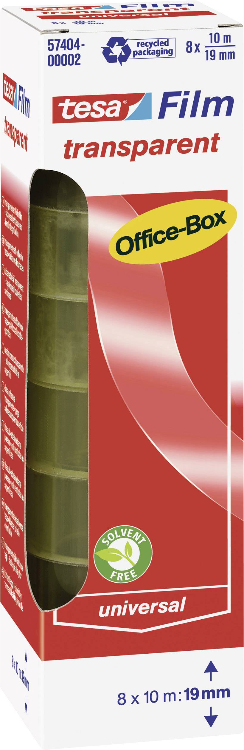 Tesa Transparent Film in an Office Box, 8 rolls, each 10m long and 19mm wide, solvent-free, packaging with recycling symbol.