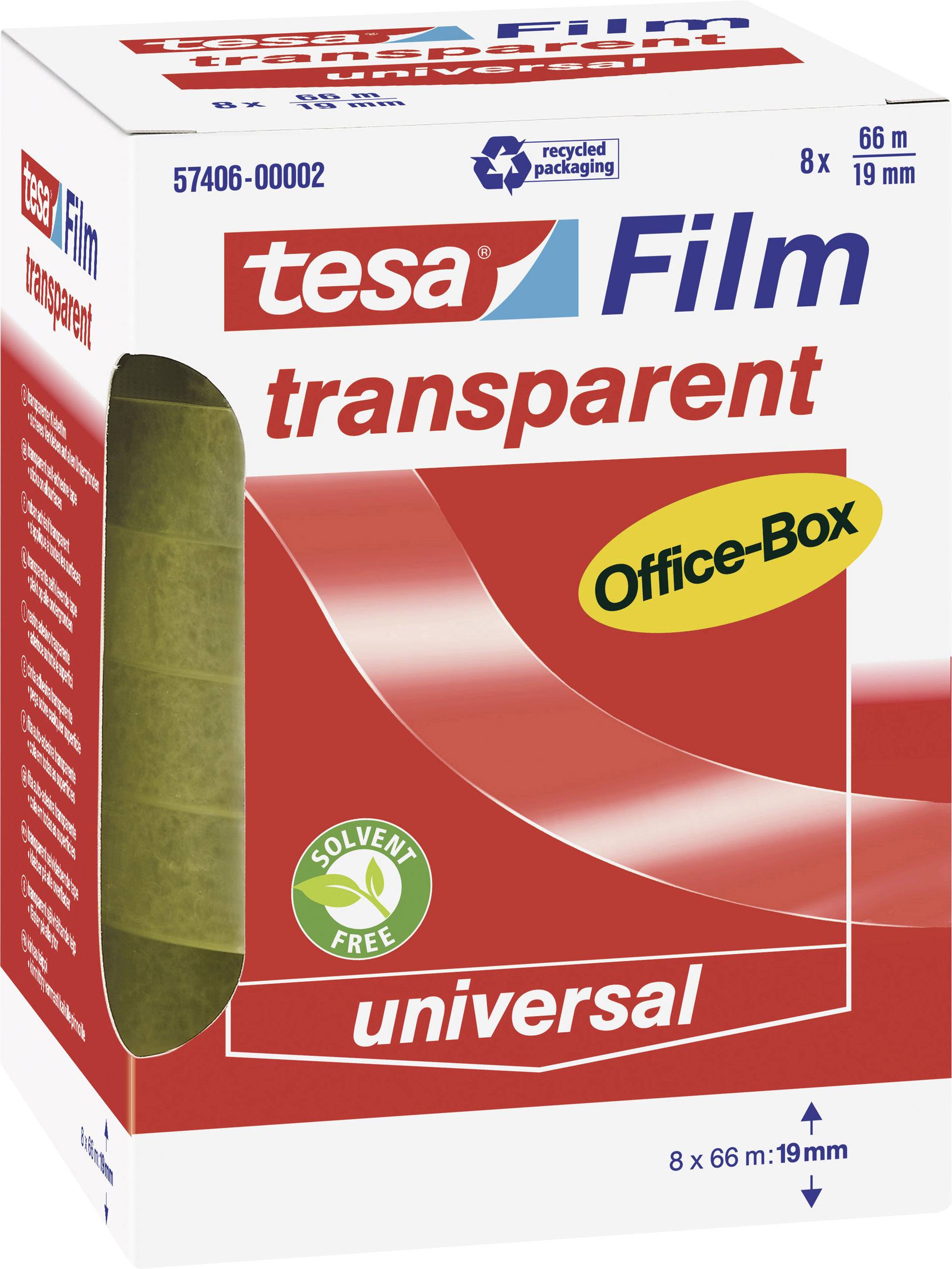 Packaging of 'tesa Film transparent' in an office box. Contains eight rolls of adhesive tape, 66 metres long and 19 millimetres wide, solvent-free.