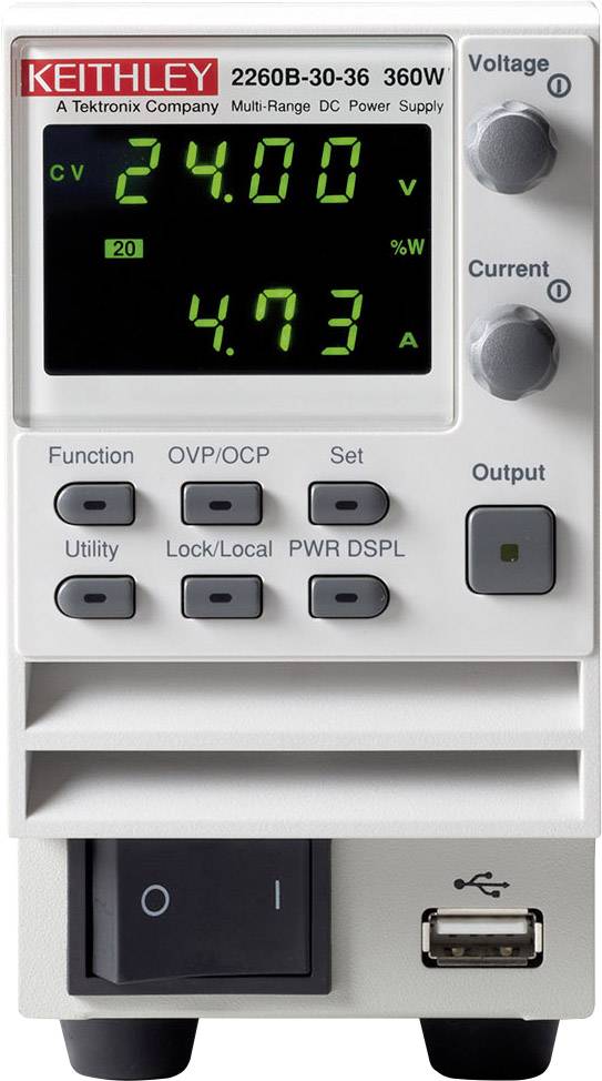 A multi-range DC power supply displays voltage '24.00 V' and current '4.73 A' on a screen. Brand name 'Keithley'.