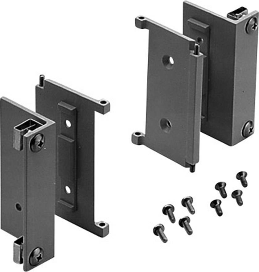 Metal mounting bracket set with 10 screws, comprising two brackets. Suitable for mounting devices or panels.